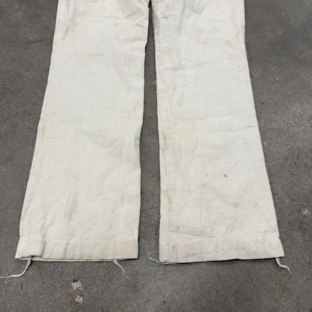 Vintage 1930s French Linen Sailor Fall Front Ivory Pants 29x31.5 Back Lace Up